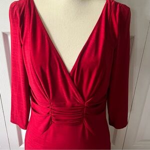 David Meister Red Midi 3/4 Sleeve Dress Waist Ruching Size 8 Holiday Dress